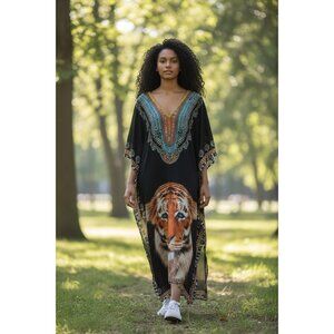 Asa Kaftans Sheer Animal Print Tiger Dress Wmn XL Safari Jungle